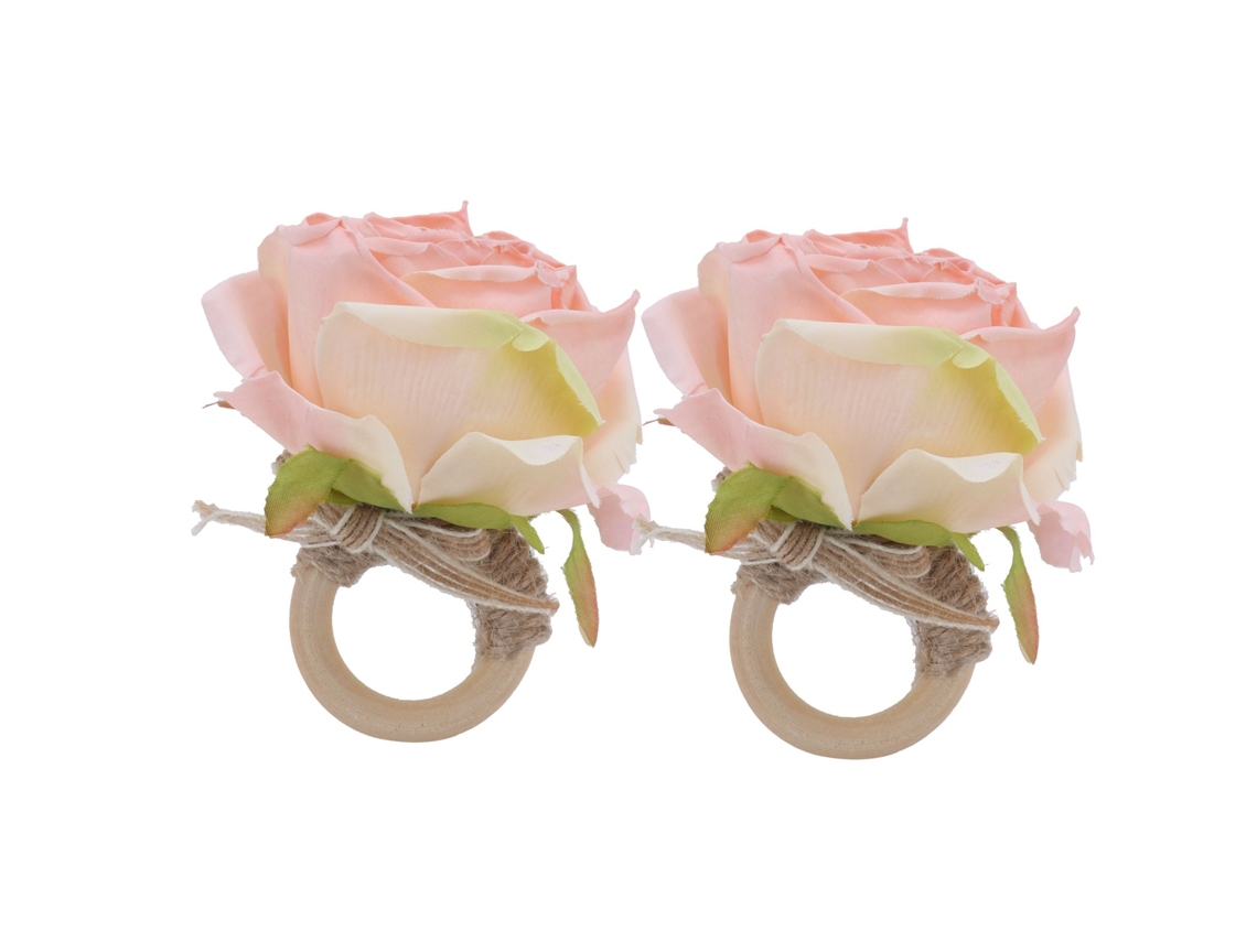 Aro De Guardanapo De Madeira Com Flor Rosa Artificial Para Decoração De Mesa Festiva 2 Peças