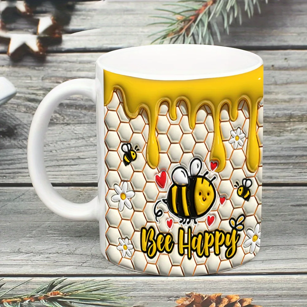 Caneca de Cerâmica Bee Happy , Caneca para Chá com Leite 3d, Caneca Criativa para o Café da Manhã. MDUG (branca, 330ml)