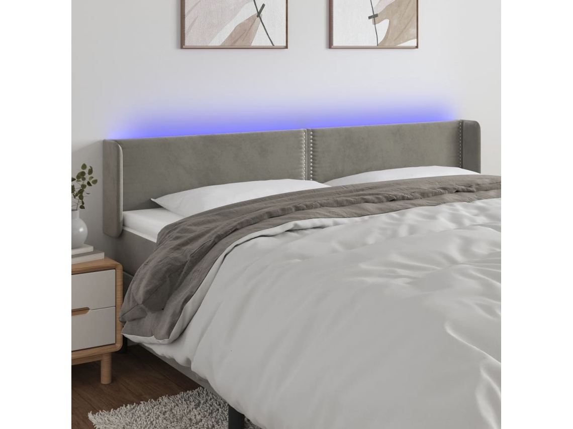 Vidaxl Cabeceira Cama C/ Luzes Led Veludo 203x16x78/88 Cm Cinza-claro