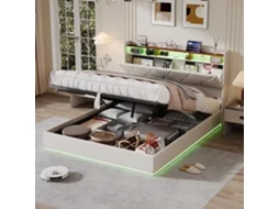 Cama De Casal De 160x200 Cm Com Iluminação Led E Estação De Carregamento, Cama com Armazenamento, Na Cor Bege