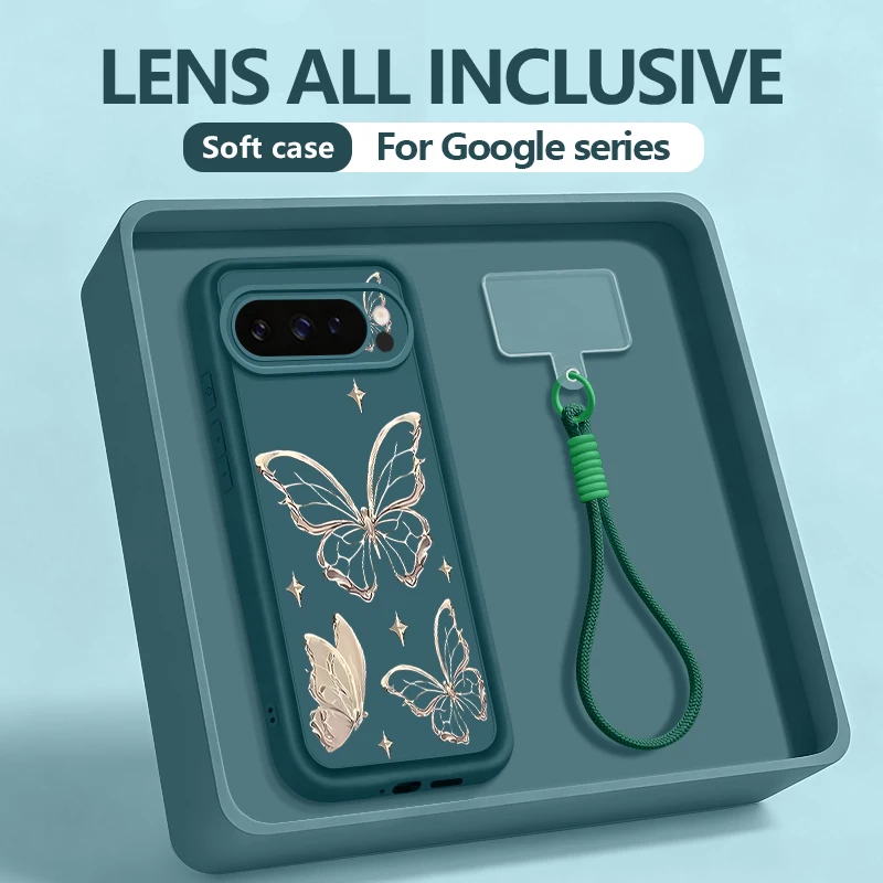 Capa Para Celular Google Pixel 9 Pro Com Estampa Retrô De Borboleta E Cordão, Em Tpu Macio (azul).