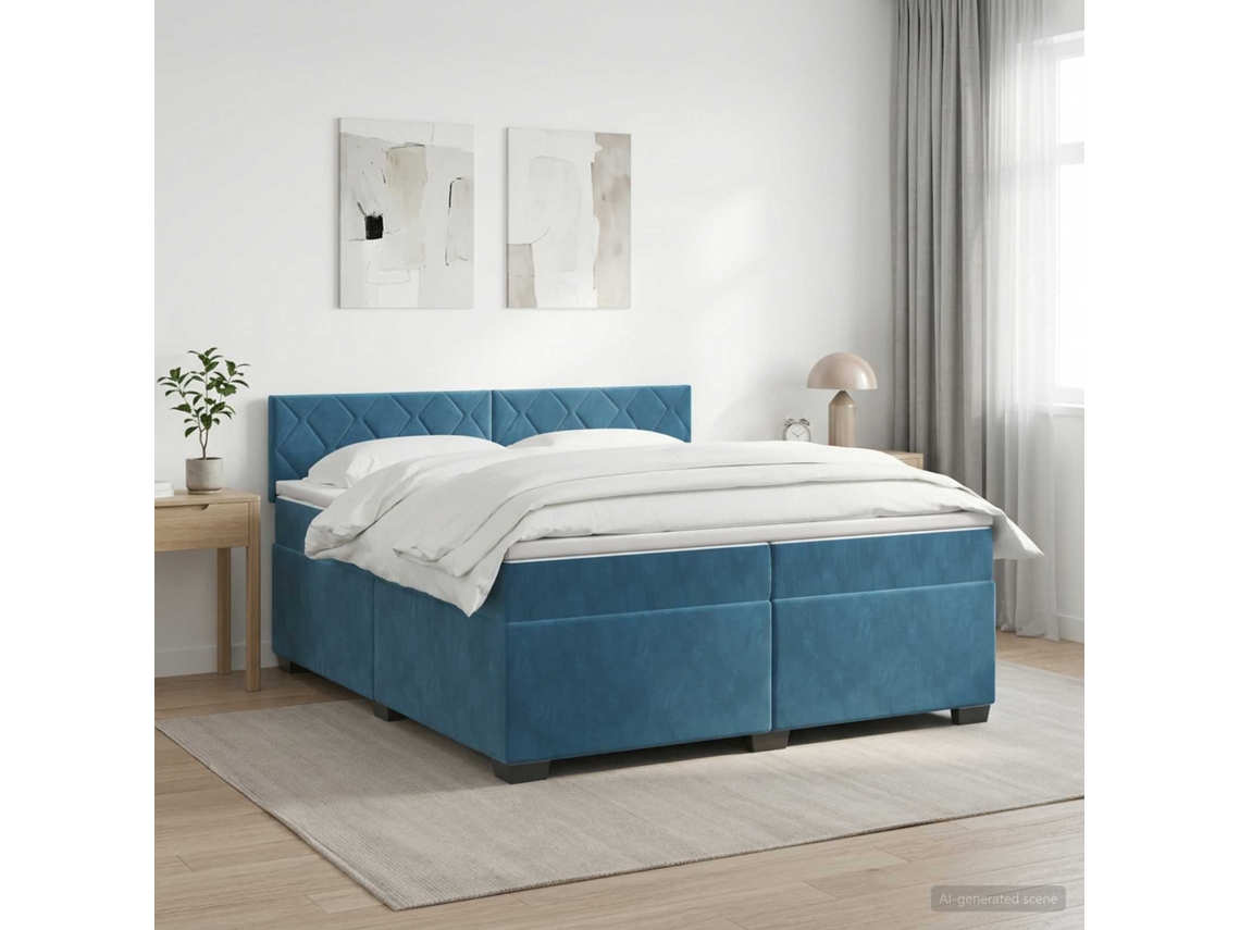 Vidaxl Cama Box Spring Com Colchão Azul Escuro 200 X 200 Cm Veludo
