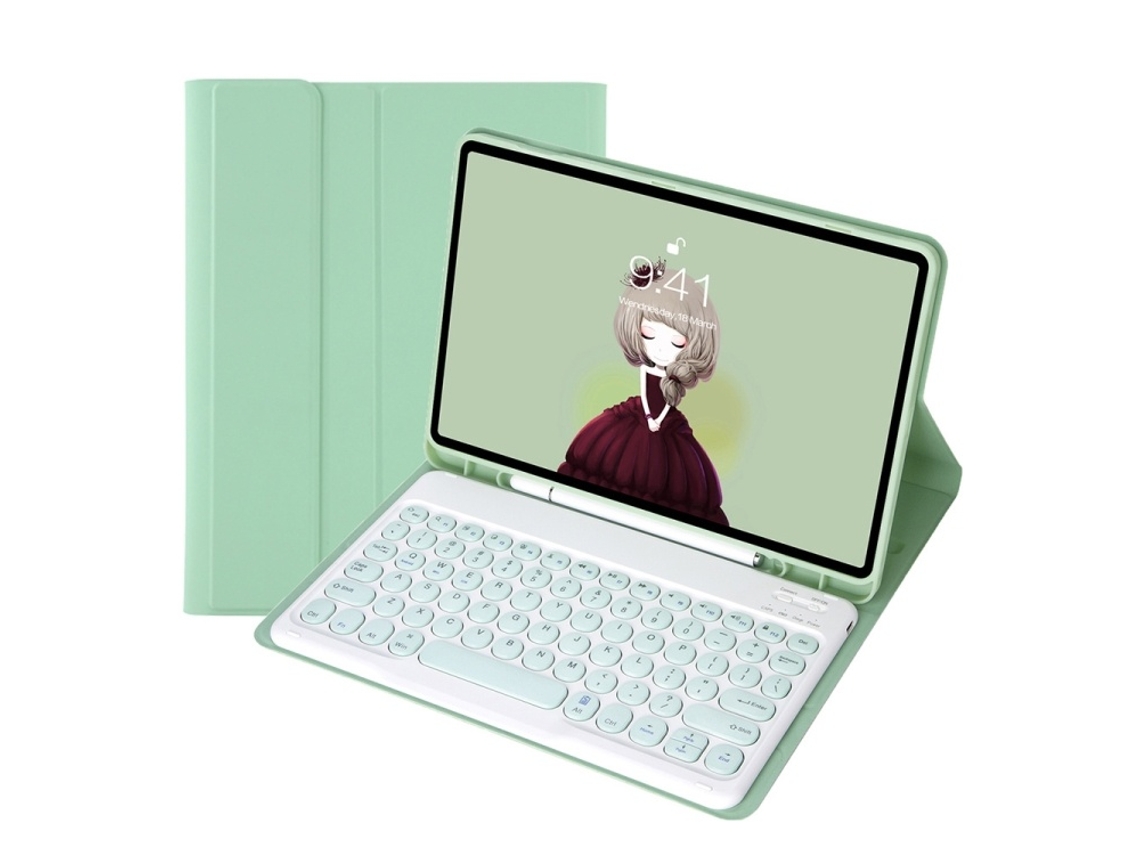Capa De Couro Para Ipad 9.7 2018 2017 Com Teclado Bluetooth E Keycaps Redondas Destacável Layout Pt