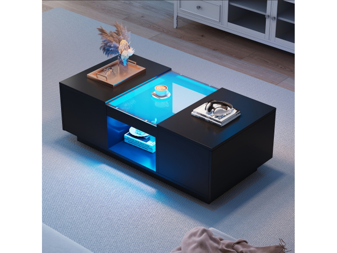 Mesa de Centro Preta 100x50x35,5 cm com Vidro, LED, App, 2 Gavetas e Nicho LYYTUNG