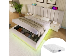 Polsterbett 160×200 Cm Com Armazenamento, Controle Por App Led E Usb C, Estrutura Com Ripas, Linho, Bege, Inclui Colchão, Sem Mesa De Cabeceira Quenty