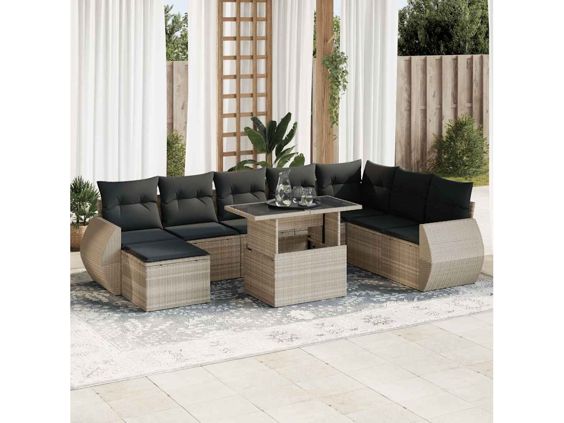 Vidaxl 9 Pcs Conj. Sofás Jardim Com Almofadões Vime Pe Cinzento-claro