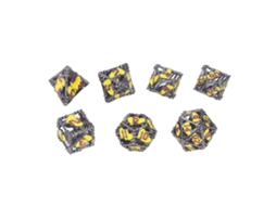 Conjunto Mali de 7 dados poliédricos de metal com números transparentes para jogos de Tabuleiro.