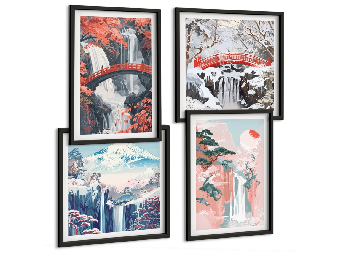 Composição De Quadros Paisagens De Cachoeiras Japão Espelharte (4 Peças)