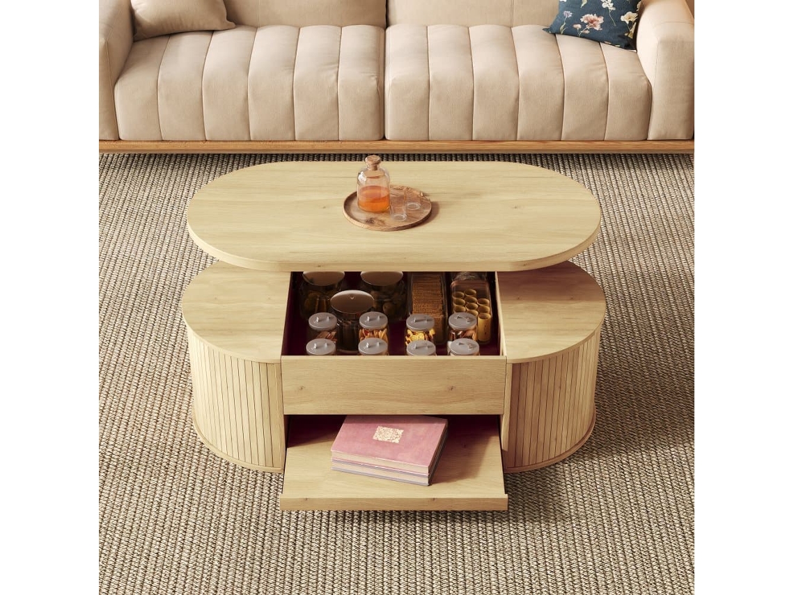 Mesa De Centro Elevável - Com Laterais De Madeira Curvadas, Prateleira Extensível, Design Multifuncional - Cor Madeira