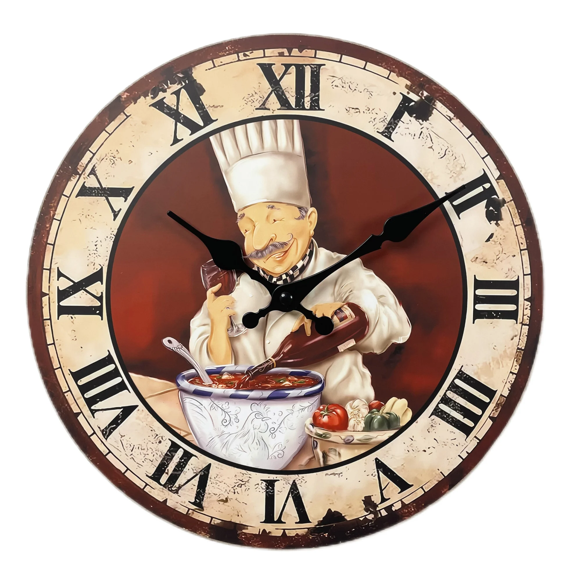 Relógio de parede vintage de madeira (30 cm) com estampa de chef italiano cozinhando, silencioso e de quartzo.