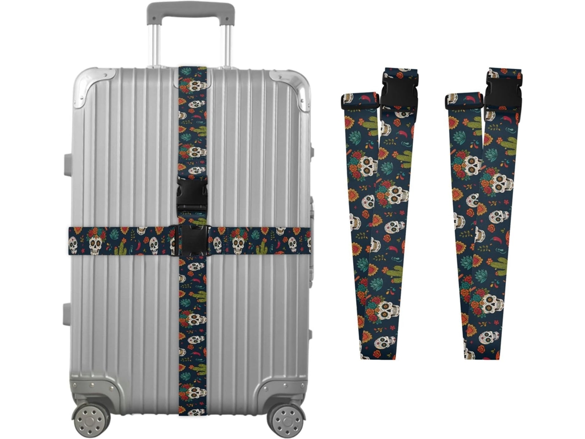 Conjunto De 2 Cintas Bagagem Mexicanas Personalizáveis Com Fivelas Para Malas, Com Estampa De Caveira Cacto