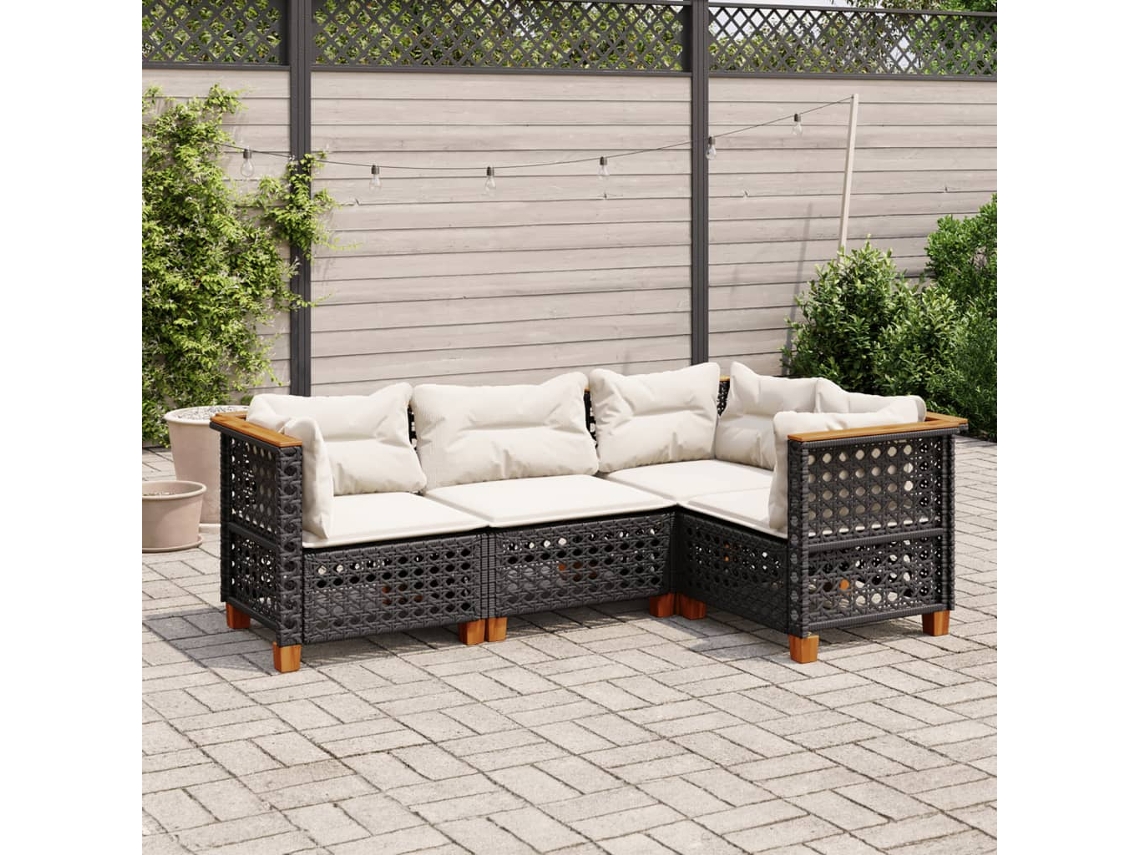 Vidaxl 4 Pcs Conjunto De Sofás Para Jardim C/ Almofadões Vime Pe Preto