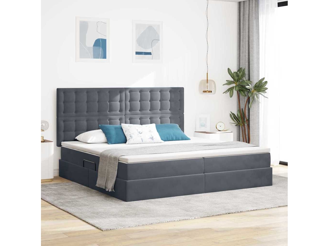 Vidaxl Cama Com Arrumação E Colchão Cinza Escuro 200 X 200 Cm Veludo