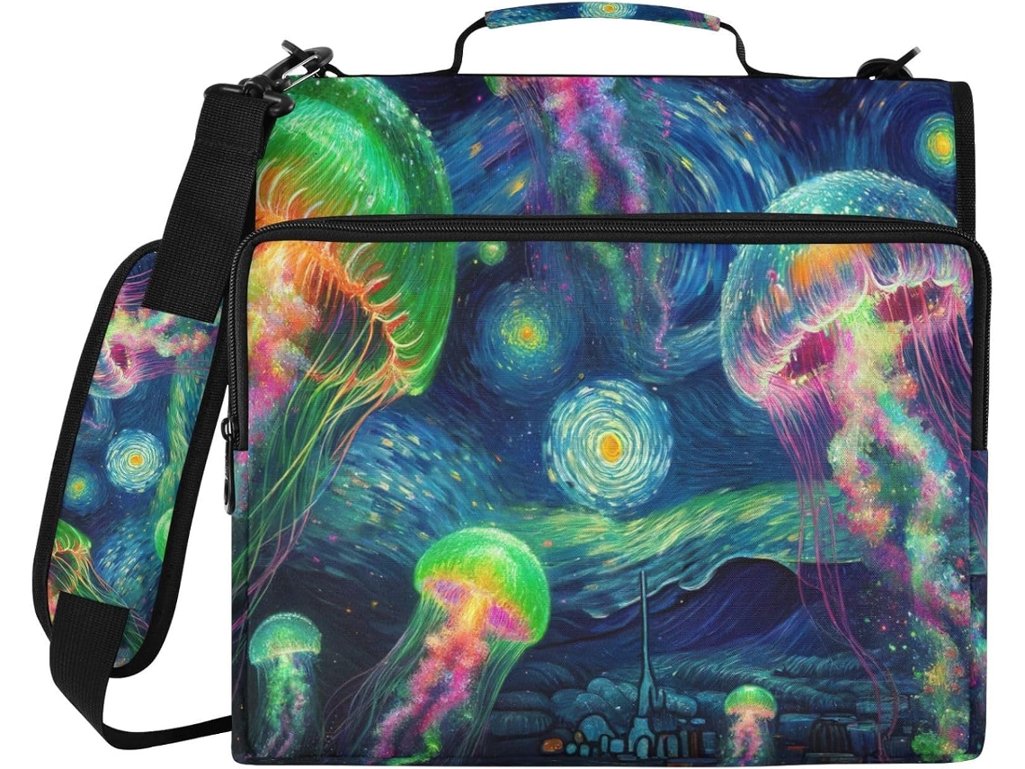 Pasta Com 3 Argolas E Estampa De Água Viva Neon Starry Night Laptop 14 Polegadas, Capa Impermeável Com Zíper