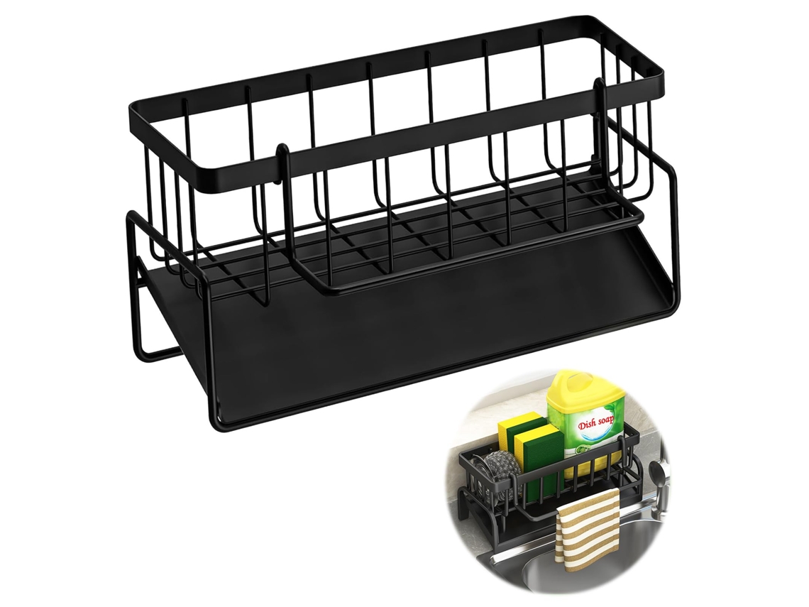 Organizador De Pia,porta Esponja Para Cozinha Preto Com Bacia De Drenagem E Porta Toalhas Removível,organizador De Esponja De Aço Inoxidável Btforus