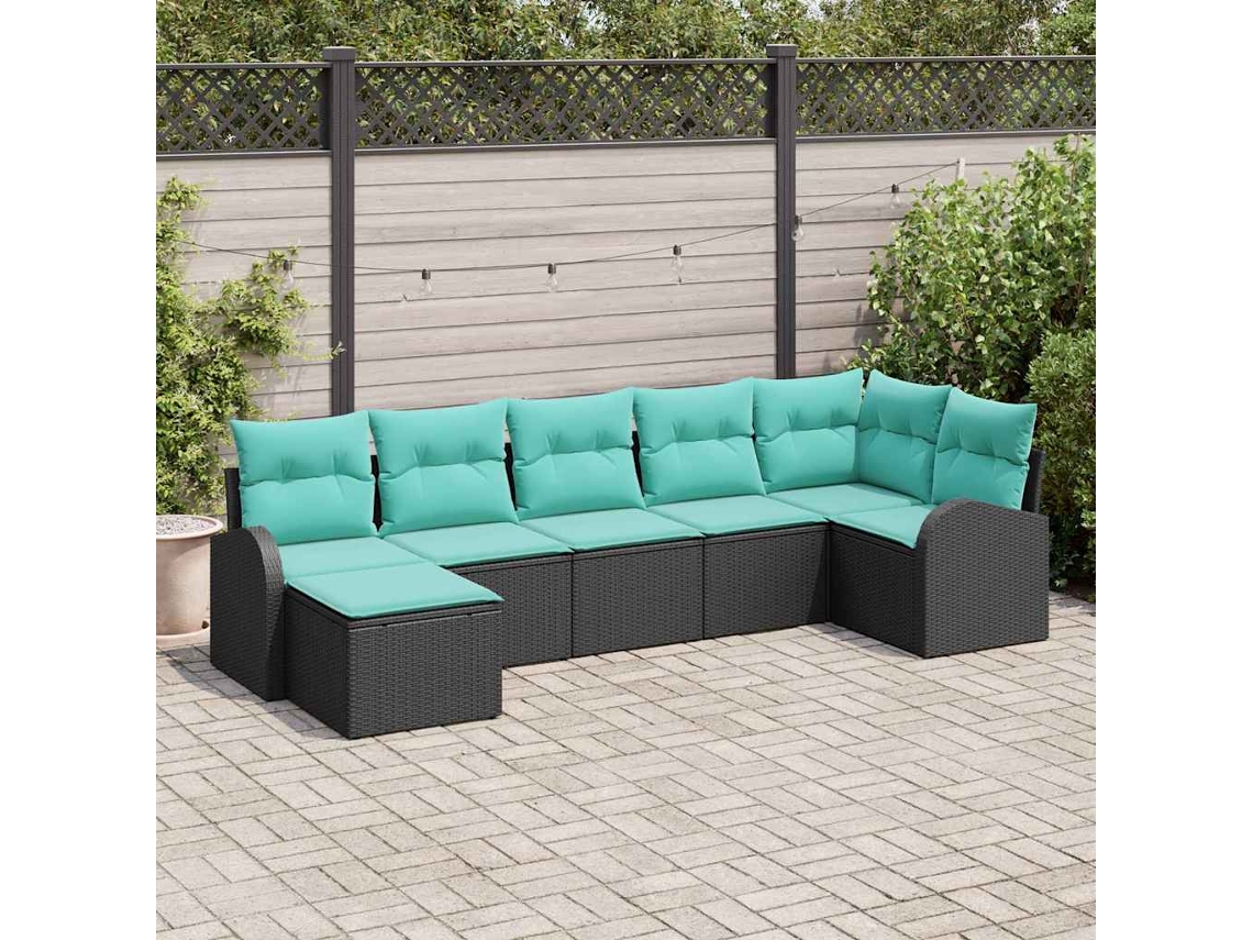 Vidaxl Conjunto De Sofás Com Almofada 7 Pcs Preto E Turquesa Vime Pe