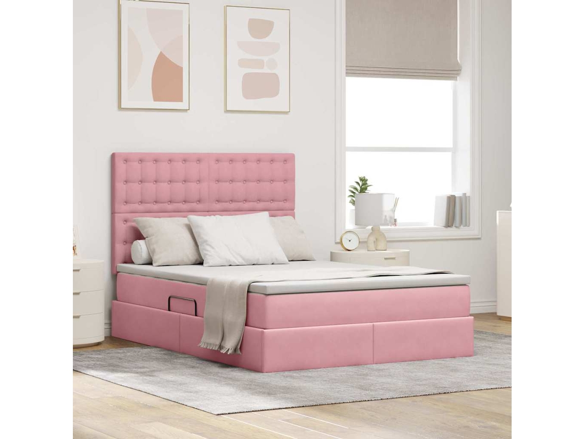 Vidaxl Cama de Armazenamento Led com Colchão Rosa 140 X 200 Cm Veludo