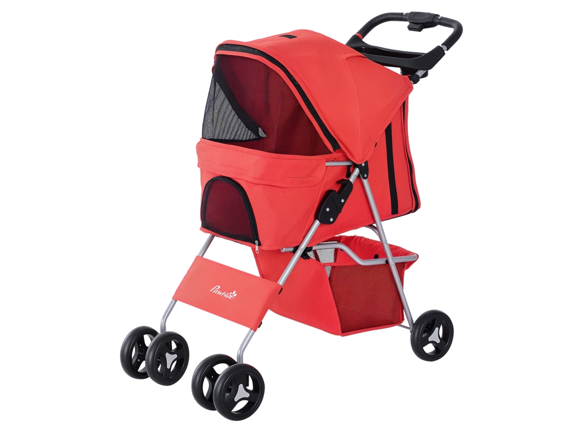 Carrinho Dobrável Pet 10kg, 3janelas+360°rodas+porta copo, Vermelho