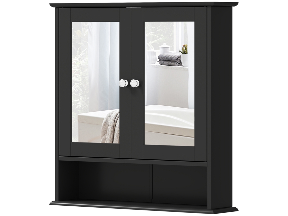 Armário De Casa De Banho Com Espelho De Parede Com 2 Portas Prateleira Aberta E Ajustável 56x13x58cm Preto