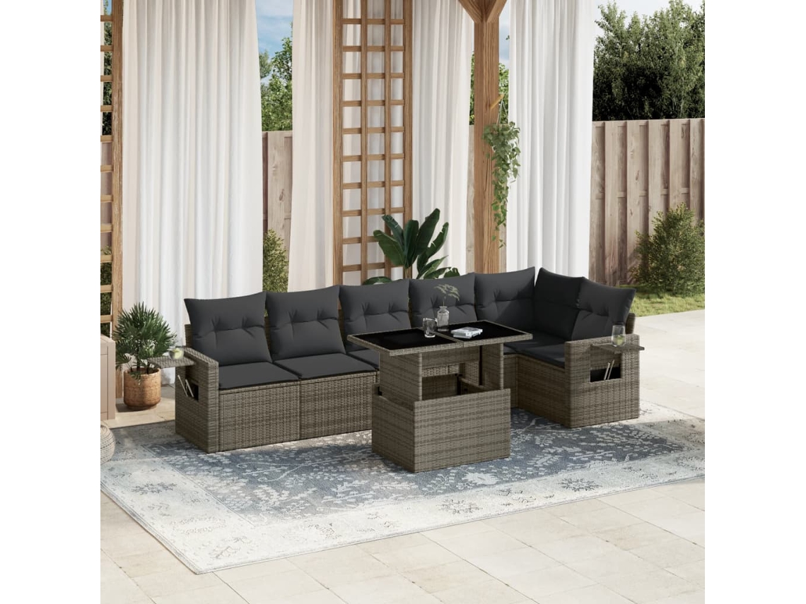 Vidaxl 7 Pcs Conjunto Sofás P/ Jardim C/ Almofadões Vime Pe Cinzento
