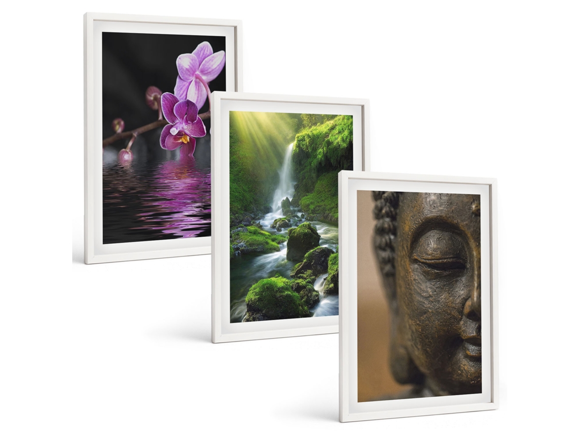 Galeria De Pinturas Murais Flores, Cachoeira, Buda, Rochas, Zen Moldura Branca Quadros Para A Sala De Estar Espelharte (3 Piezas De 40x60 Cm)