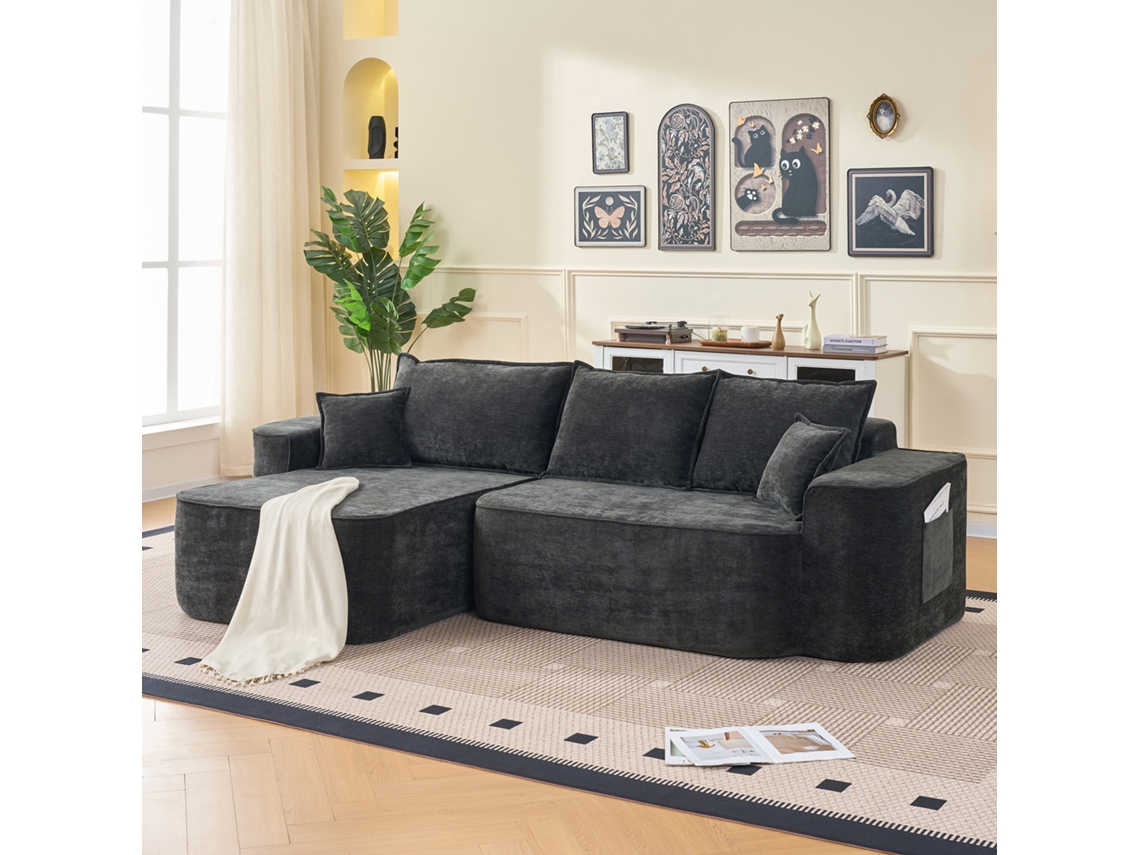 Sofá De Canto Cloud Em Chenille Com Chaise Longue Xxl Sem Montagem Preto 264cm