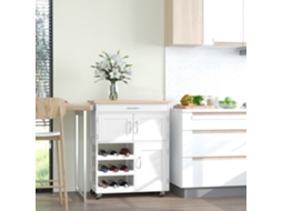 Carrinho De Cozinha C/rodas Com Gaveta 2 Armários Armazen. E 3 Prateleiras Abertas Para 9 Garrafas P/ Sala Jantar 67x37x87cm Branco