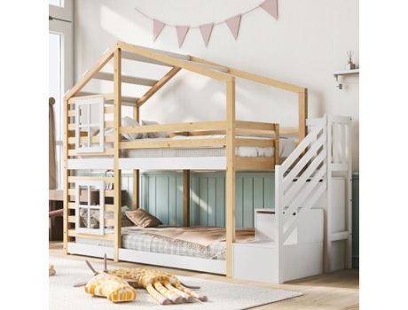 Cama Infantil Treehouse 90 X 200 Cm Com Janela, Cor Natural E Branca, Incluindo Mesa E 2 Estrados (sem Colchão)