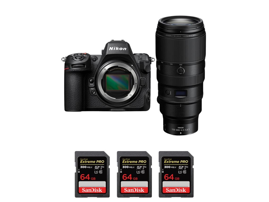 Z8 + Z 100 400mm F/4.5 5.6 Vr S + 3 Sandisk 64gb Uhs ii 300mb/s Máquina Fotográfica Híbrida Full frame + Ebook Pricedirect NIKON