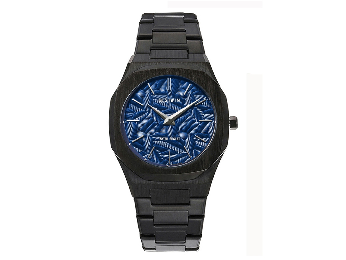 Relógio de Quartzo Masculino com Folhas em Relevo MDUG (preto e Azul)