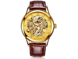 Lurelia Relógio Mecânico Masculino, Automático, Luminoso, Mostrador Esqueleto, Couro, Resistente À Água 30m, Dourado, Castanho