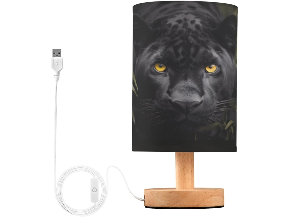 Luminária De Cabeceira Led Pantera Negra, Luminária De Leitura Com Cúpula Tecido, Base De Madeira E Porta Usb Para