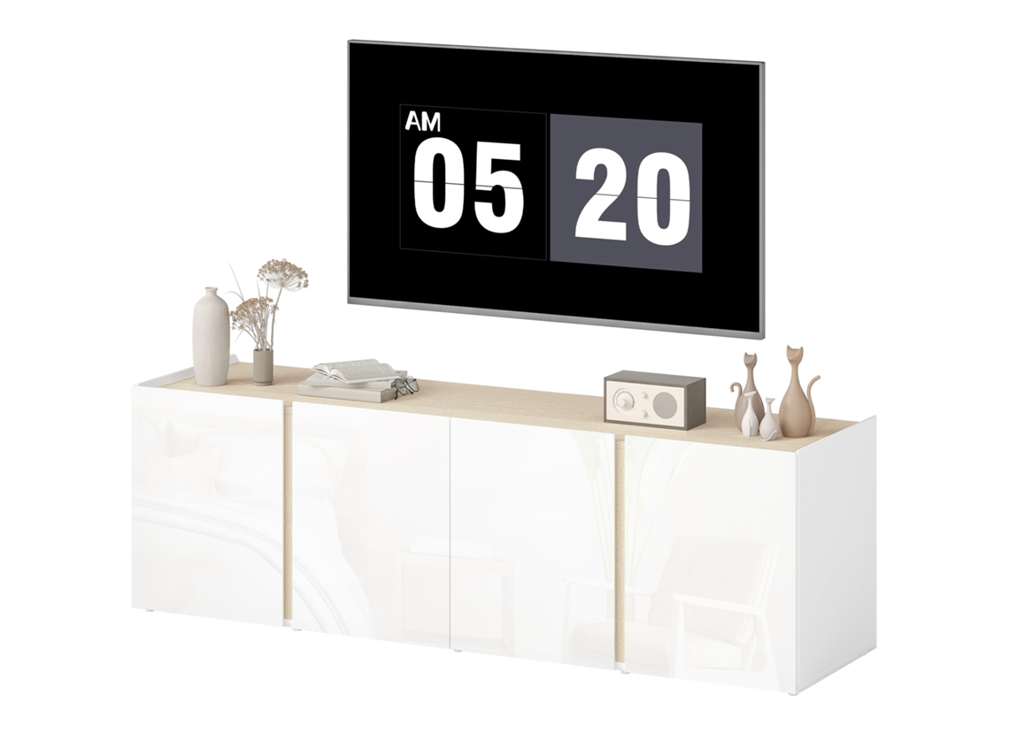 Suporte Tv Com 4 Portas Soft-close, Prateleira Ajustável E Ilhós Cabos, 135x38x45cm, Na Cor Branca