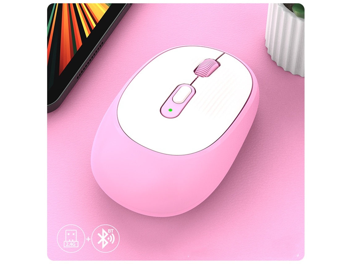 Rato Yizhood W300 2.4g Bt Wireless 3 Modos Dpi Botão Recarregável Bateria Usb Dongle Para Carregamento De Laptop Tipo C Rosa
