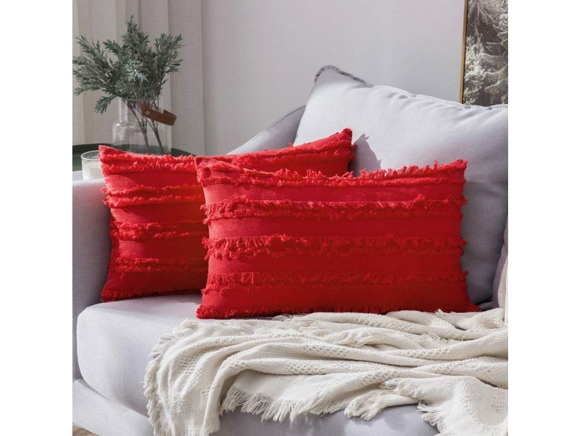 2 Capas De Travesseiro Decorativas Boho Lino Listras Jacquard Vermelho 12x20 Polegadas Para Sofá Sala Quarto