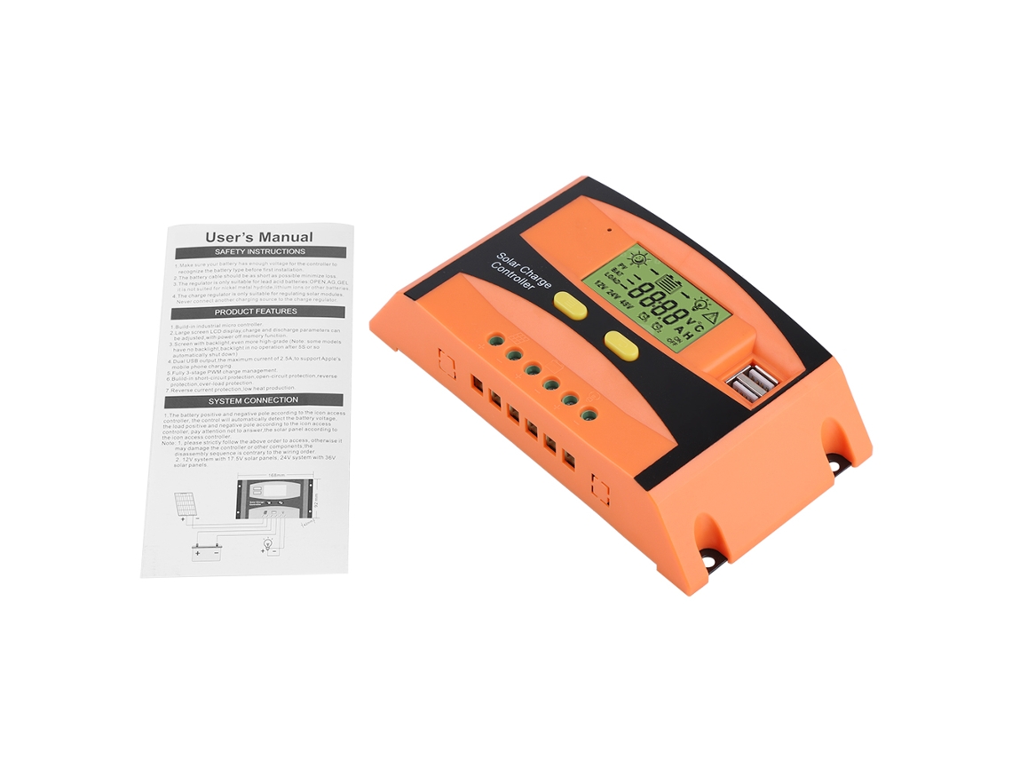 Controlador de Carga Solar Pwm com USB Duplo LCD 12v 24v 30a Regulador Inteligente | S/MARCA