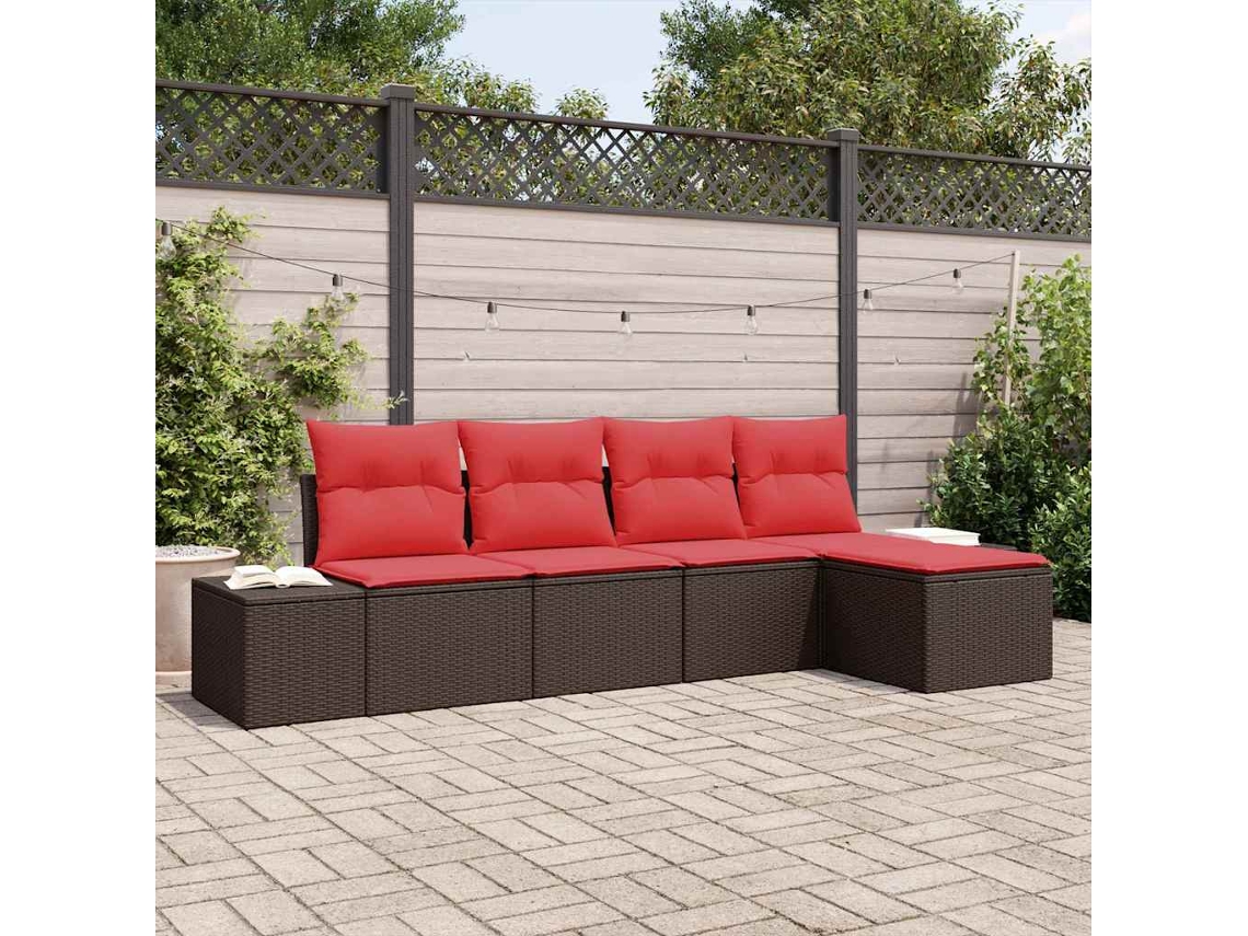 Vidaxl Conjunto De Sofá De Jardim 5 Unid. Marrom E Vermelho Vime Pe