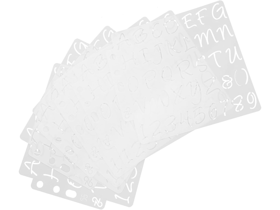 Conjunto De 6 Estênceis Letras E Números Em Plástico Branco.