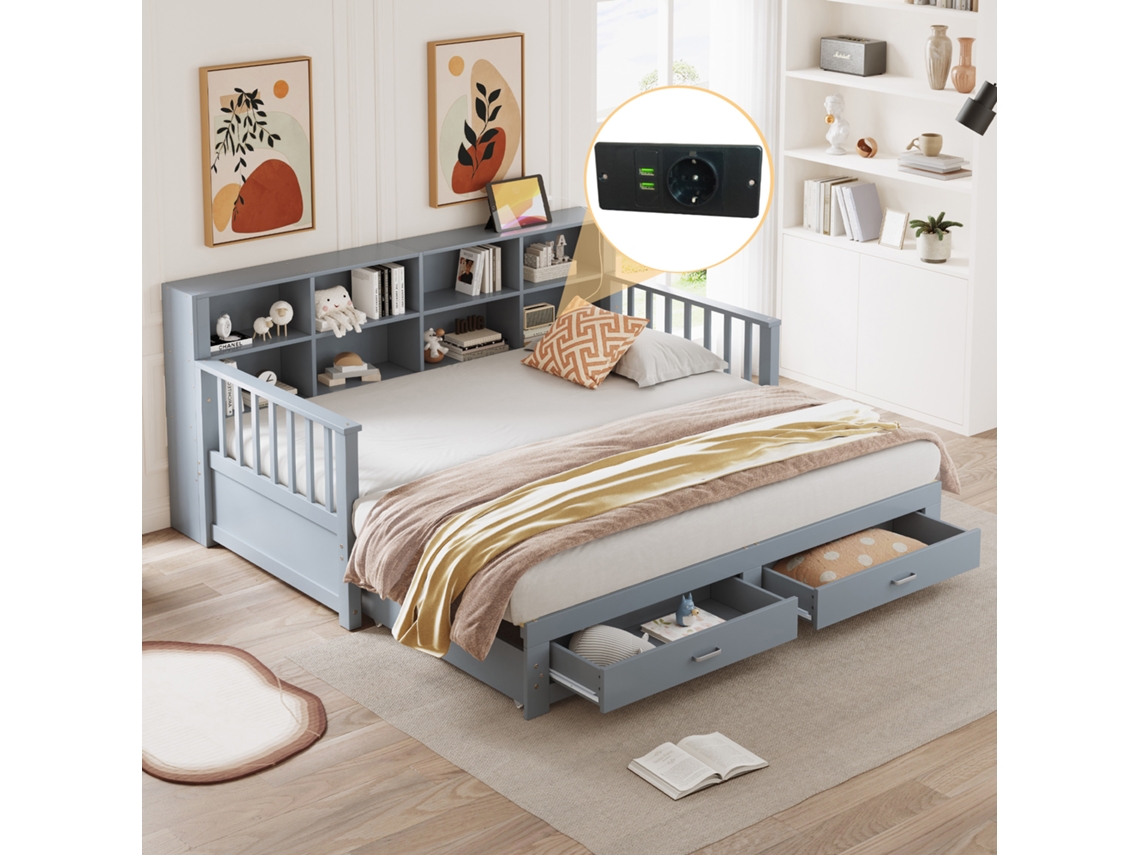 Sofá-cama Retrátil Madeira Maciça 90/180x190cm, Armário Usb, 2 Gavetas, Base Ripas, Pinho, Cinza-op