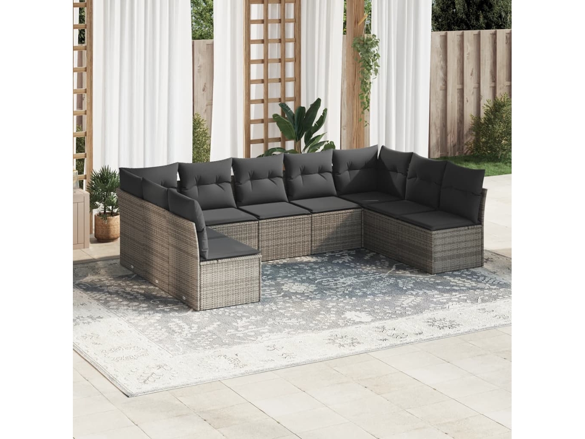 Vidaxl 9 Pcs Conjunto Sofás P/ Jardim Com Almofadões Vime Pe Cinzento
