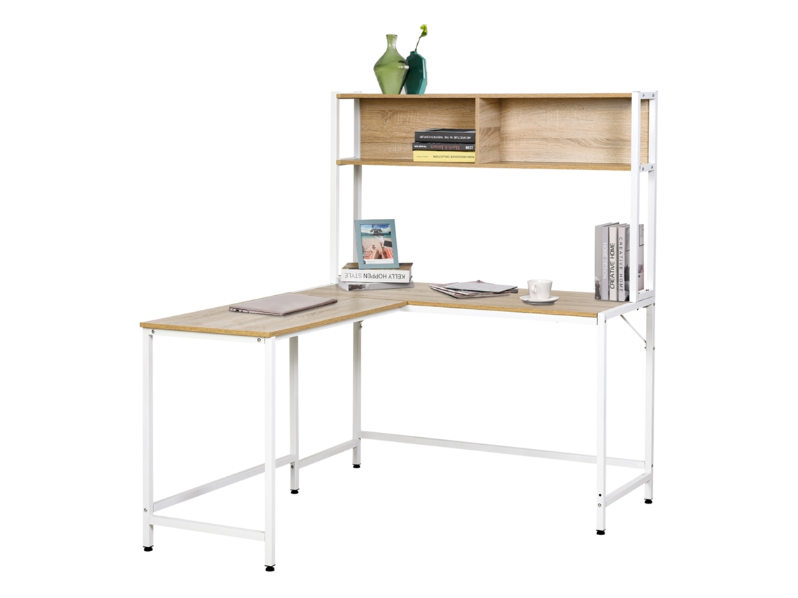 Secretária Em Forma De L Multifuncional Para Escritório Ou Estúdio Com Prateleiras Altas Amplo Espaço Estilo Minimalista 140x125x149cm Madeira