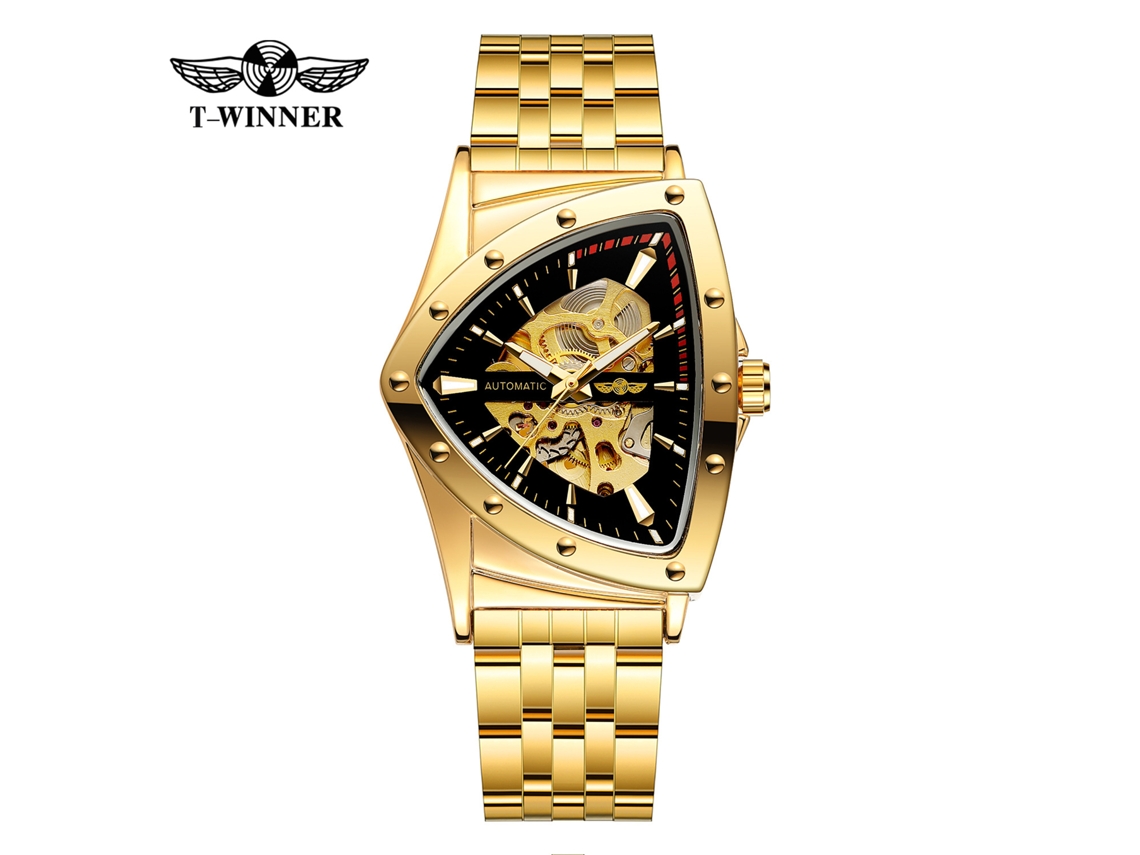 (Estilo 5) Relógio mecânico moderno e casual com pulseira de aço esqueletizada com triângulos.