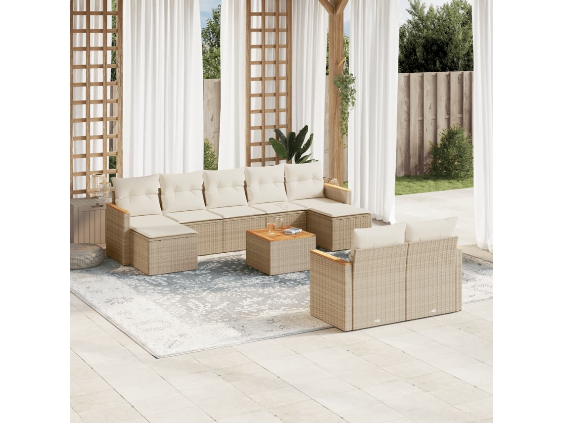 10 Pcs Conjunto De Sofás P/ Jardim Com Almofadões Vime Pe Bege Dkd Home Decor