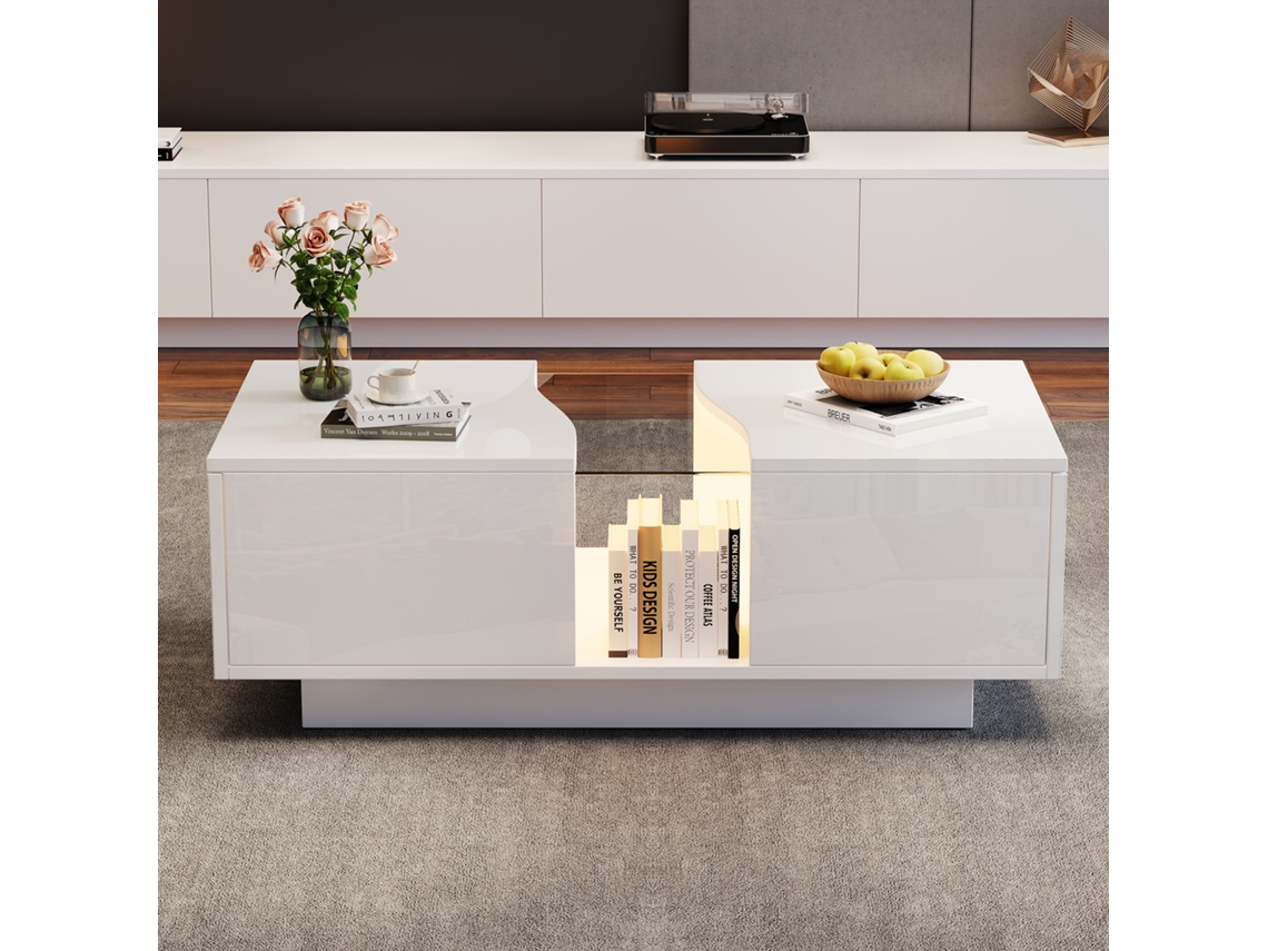 Mesa De Centro Moderna Com Led E 2 Gavetas 100x50x35 Cm Mdf Branco Estilo