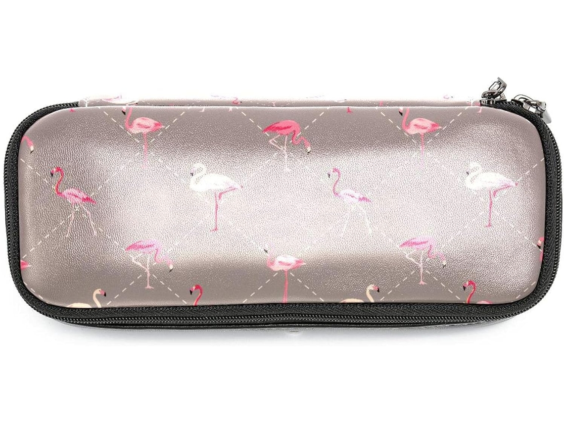 Caixa organizadora grande com estampa geométrica de flamingos marrons, ideal para lápis, marcadores e outros itens essenciais.