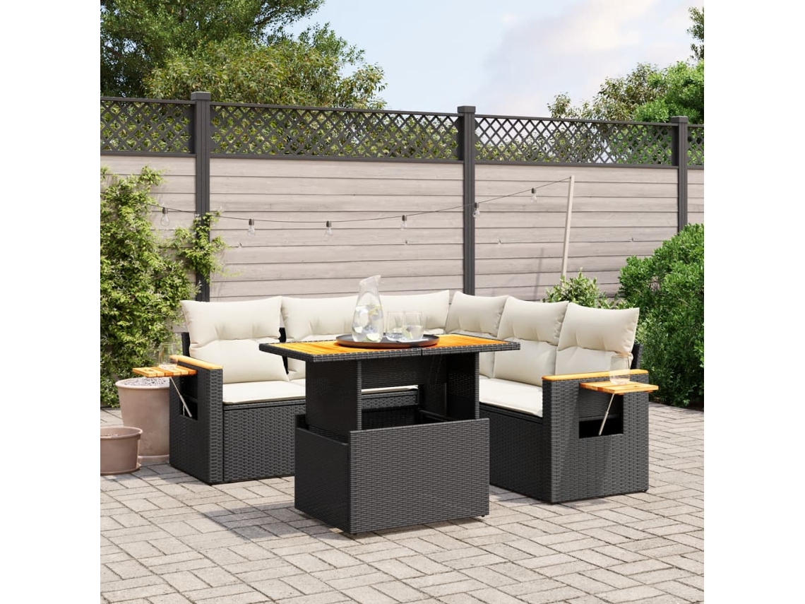 Vidaxl 6 Pcs Conjunto Sofás De Jardim C/ Almofadões Vime Pe Preto
