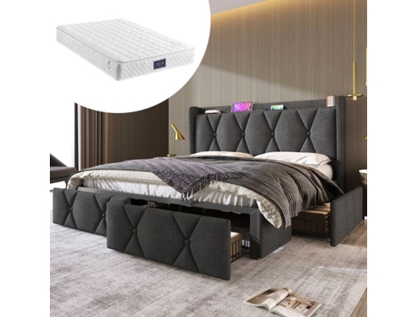 Cama Estofada Com Cabeceira Recarregável Por Usb E 4 Gavetas, Dupla, 140x200 Cm, Cinza (com Colchão)