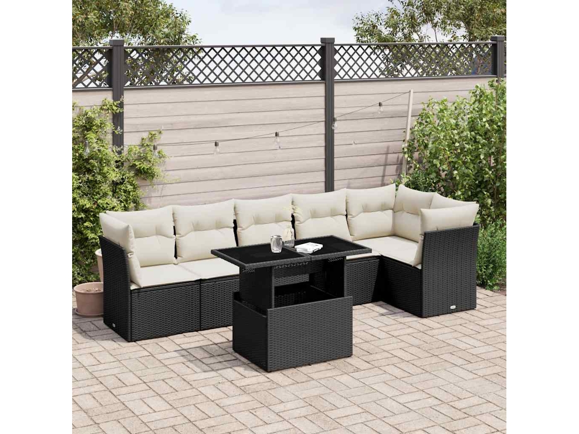 Vidaxl 7 Pcs Conjunto de Sofás P/ Jardim C/ Almofadões Vime Pe Preto