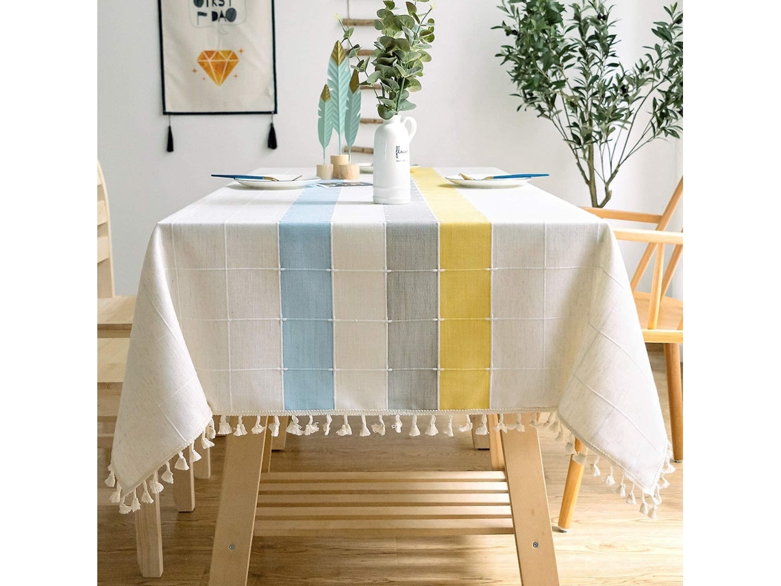 Toalha De Mesa De Algodão E Linho Com Xadrez Bordado E Borlas - Decoração Para Cozinha E Mesa De Jantar