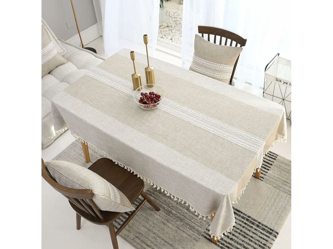 Lurelia Toalha De Mesa Retangular Algodão Linho Poliéster Cáqui 140x240cm 55x70 Lavável Antirrugas Bordado Borlas
